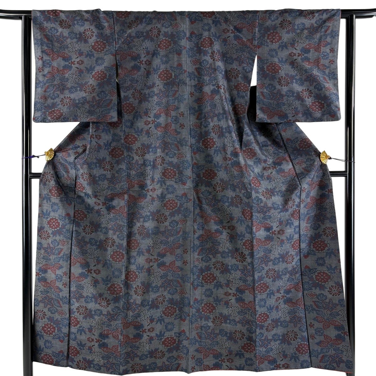 紬 身丈159.5cm 裄丈61.5cm S 袷 華文 幾何学 えんじ色 正絹 優品