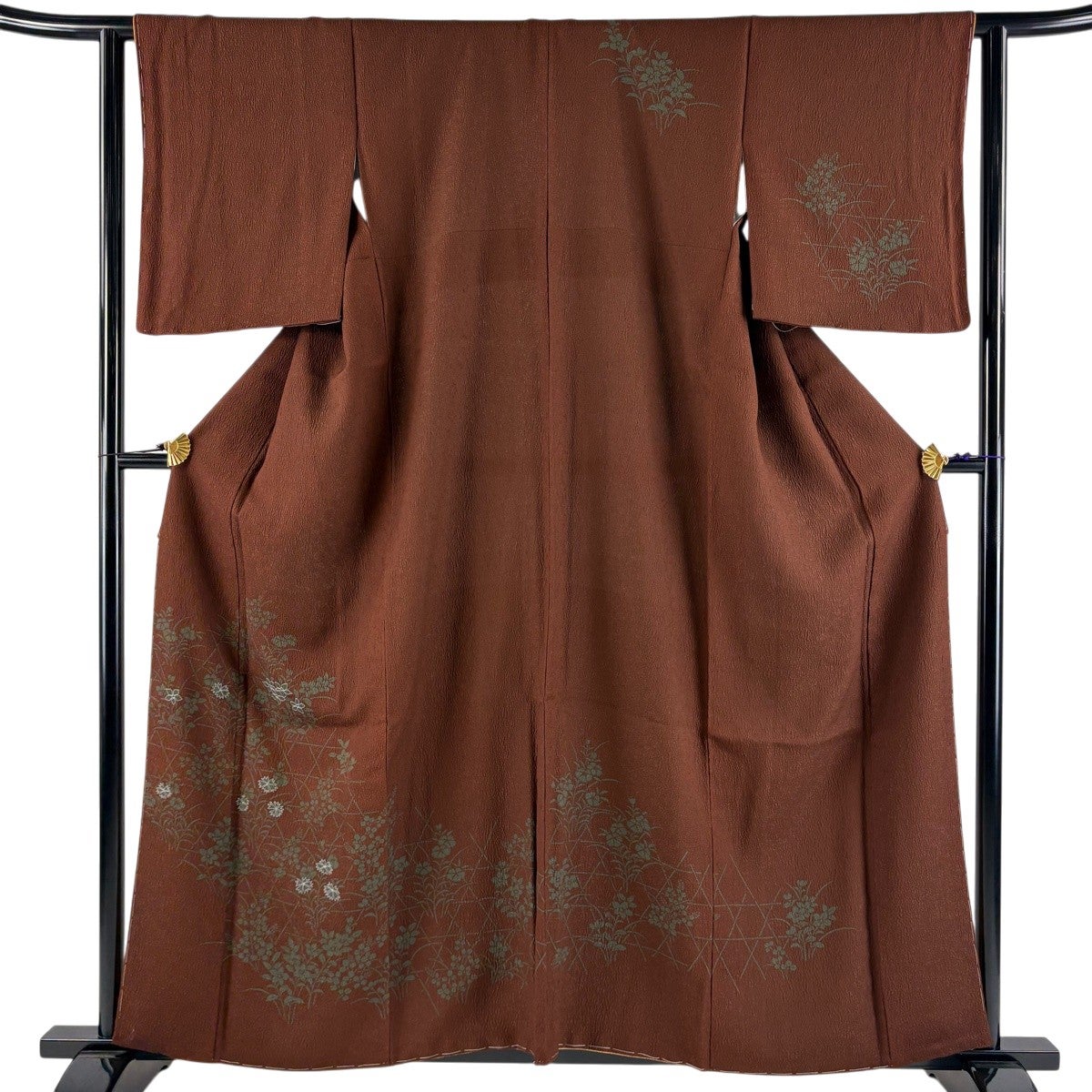 紬 身丈151.5cm 裄丈62.5cm S 袷 幾何学 焦茶色 正絹 名品｜中古・古着