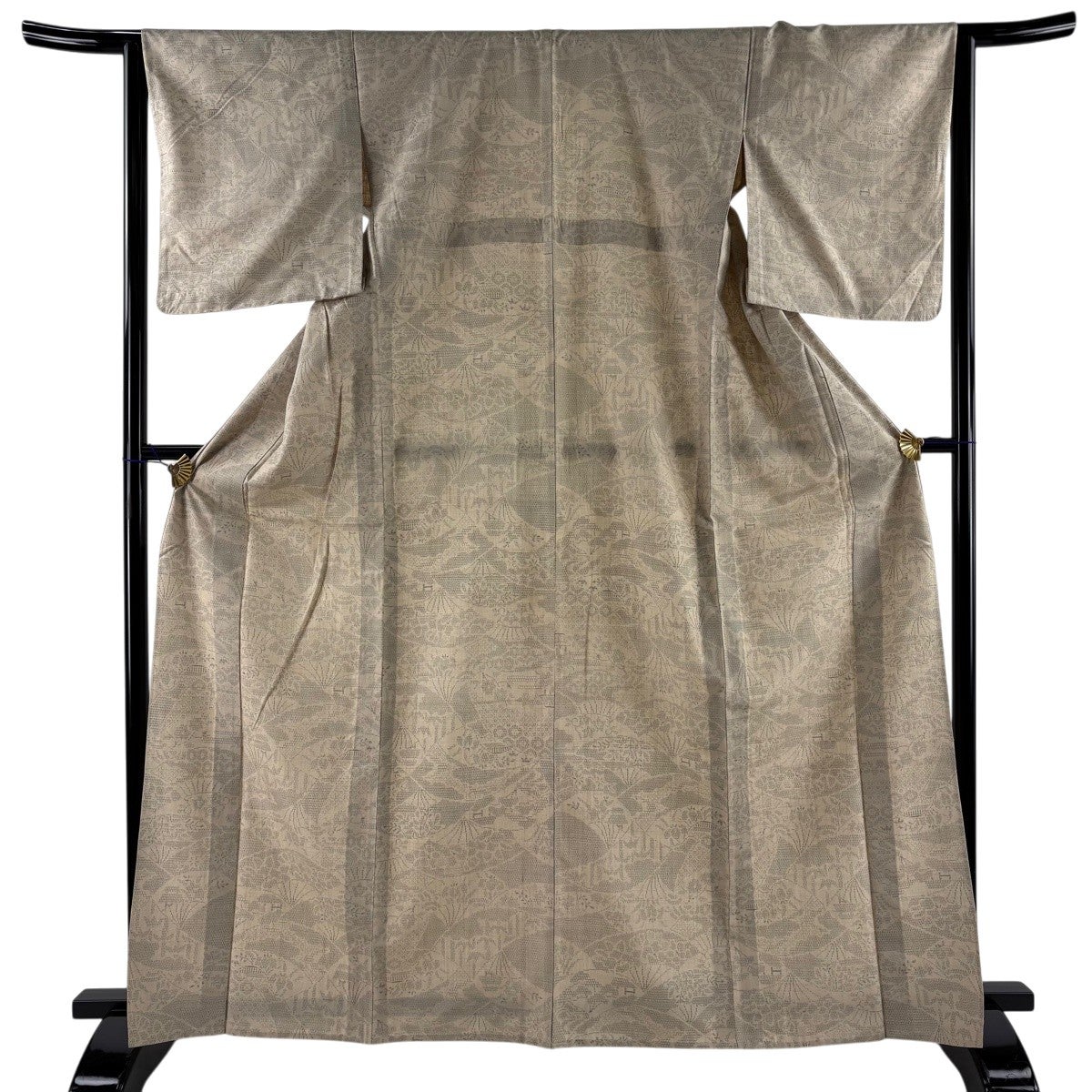 紬 身丈165cm 裄丈64cm M 単衣 扇 草花 薄茶色 正絹 秀品｜中古・古着
