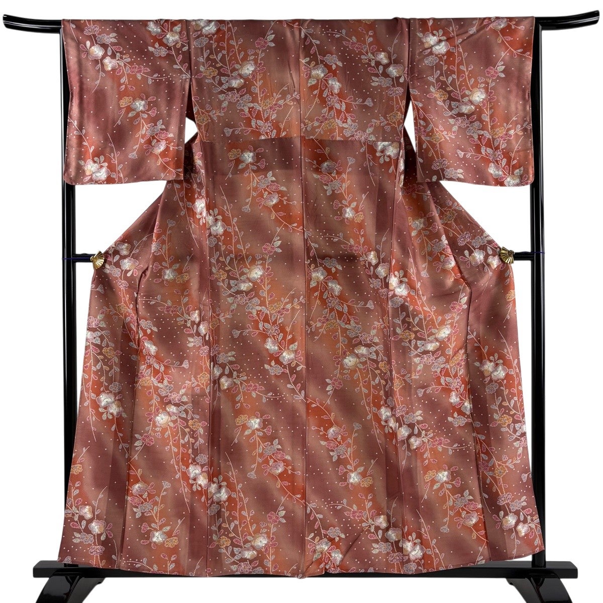 着物 作家物 浄山窯 紬 暖色ぼかし 茶色桜 草木染 身丈158cm 正絹 美品】 小紋 身丈158.5cm 裄丈65cm M 単衣 紬地 草花 ぼかし 金彩