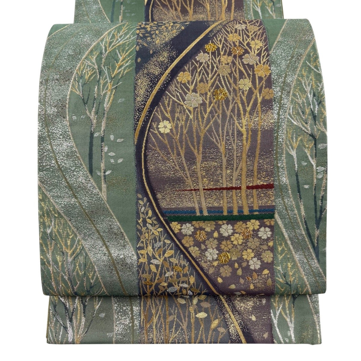 美品】 袋帯 逸品 鶴 草花 金銀糸 相良刺繍 茶色 六通 正絹｜中古