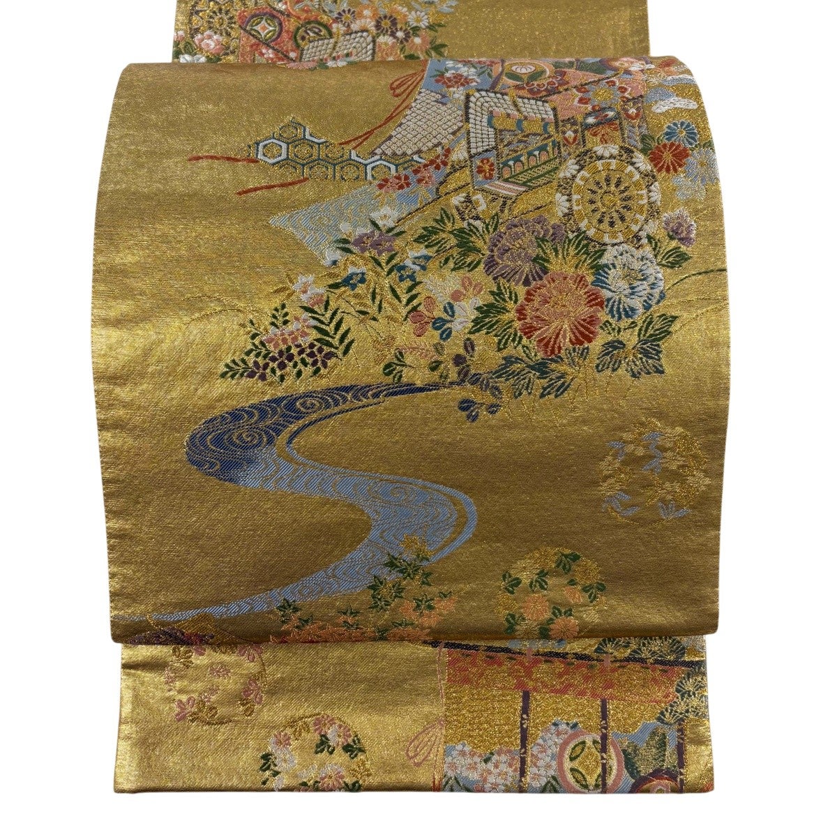 袋帯 逸品 落款あり 雪英導 御所車 草花 蘇州刺繍 箔 金色 お太鼓柄