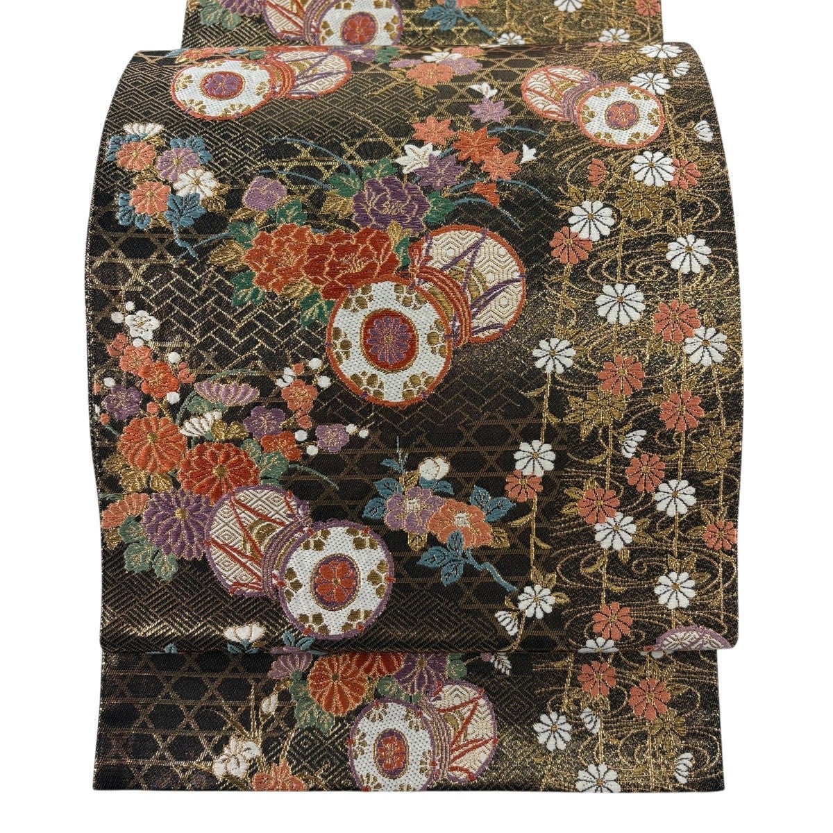 美品】 袋帯 秀品 草花 霞 金糸 箔 金色 お太鼓柄 正絹｜中古・古着