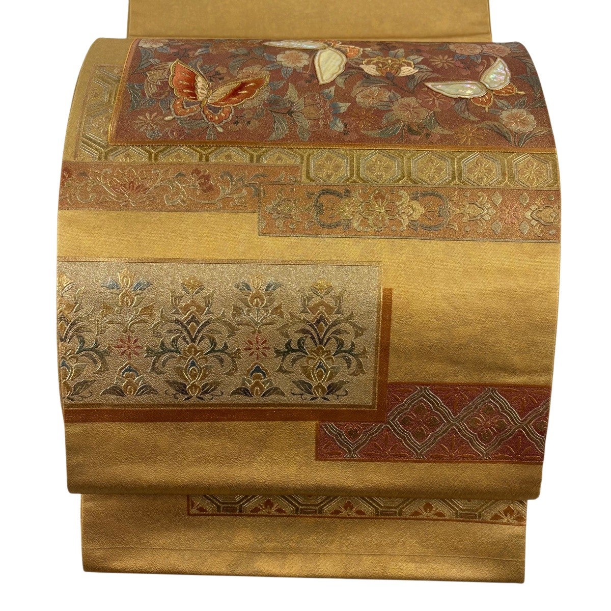 袋帯 秀品 風景 建物 螺鈿箔 金彩 金色 お太鼓柄 正絹｜中古・古着