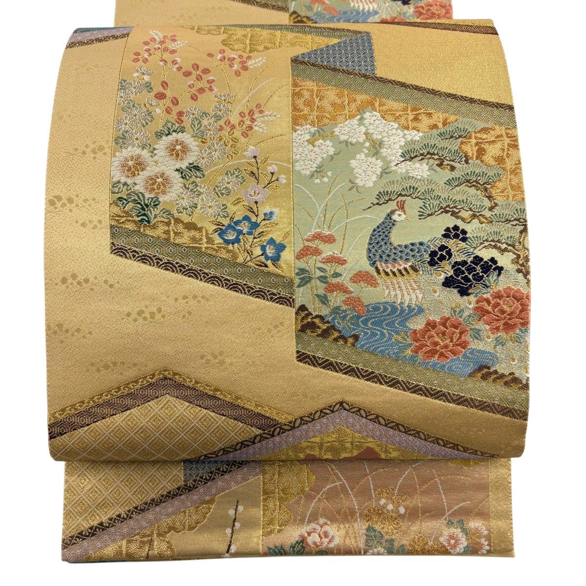 袋帯 秀品 向かい鳥 花鳥 金銀糸 箔 金色 六通 正絹｜中古・古着