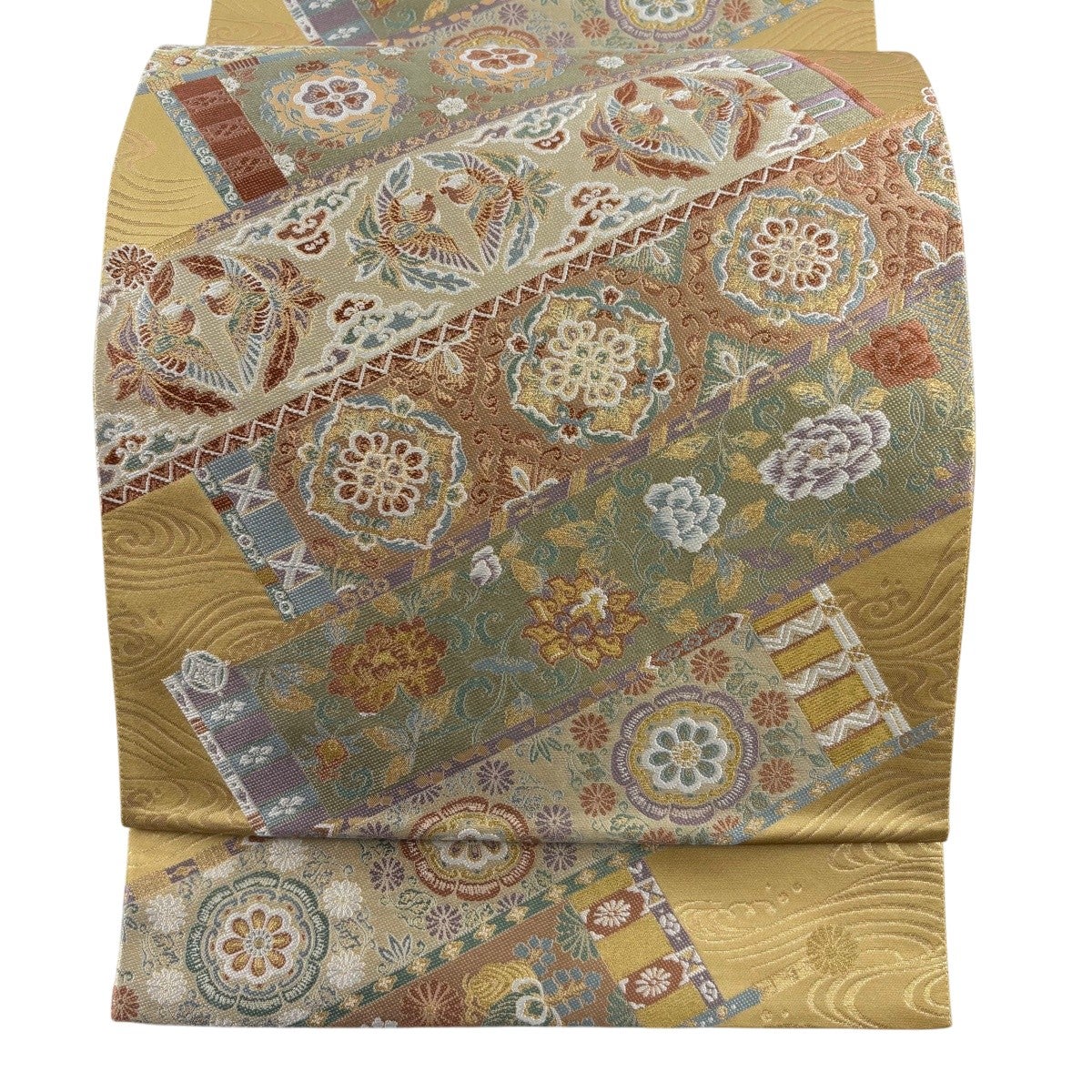 美品】 袋帯 秀品 華文 鶴 金銀糸 箔 灰緑 六通 正絹｜中古・古着