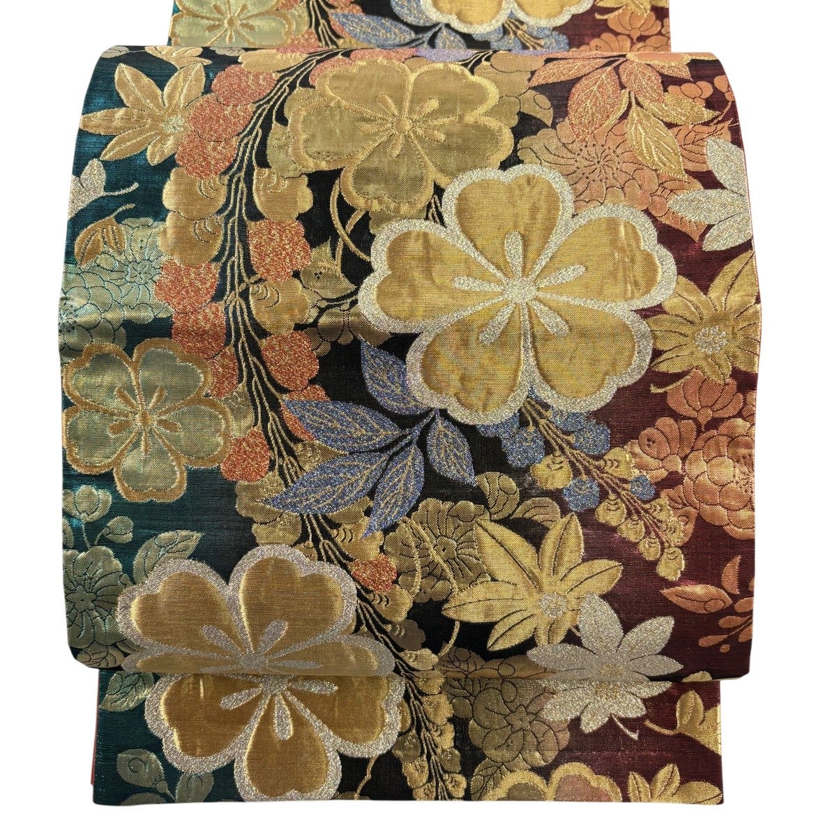 袋帯 秀品 六通 箔 正絹 美品 金糸 黒 中古 桜 草花 金銀糸 やまと K50