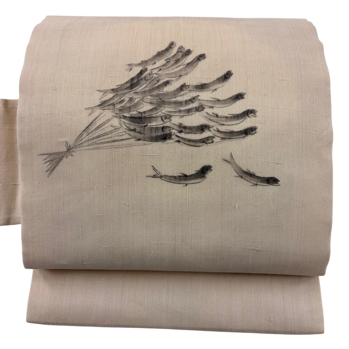 美品】 開き名古屋帯 名品 夏帯 夏紬地 魚 水面 薄茶色 正絹｜中古