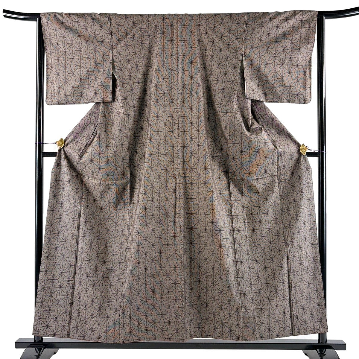 紬 身丈157.5cm 裄丈64cm M 袷 麻の葉 焦茶色 正絹 秀品｜中古・古着