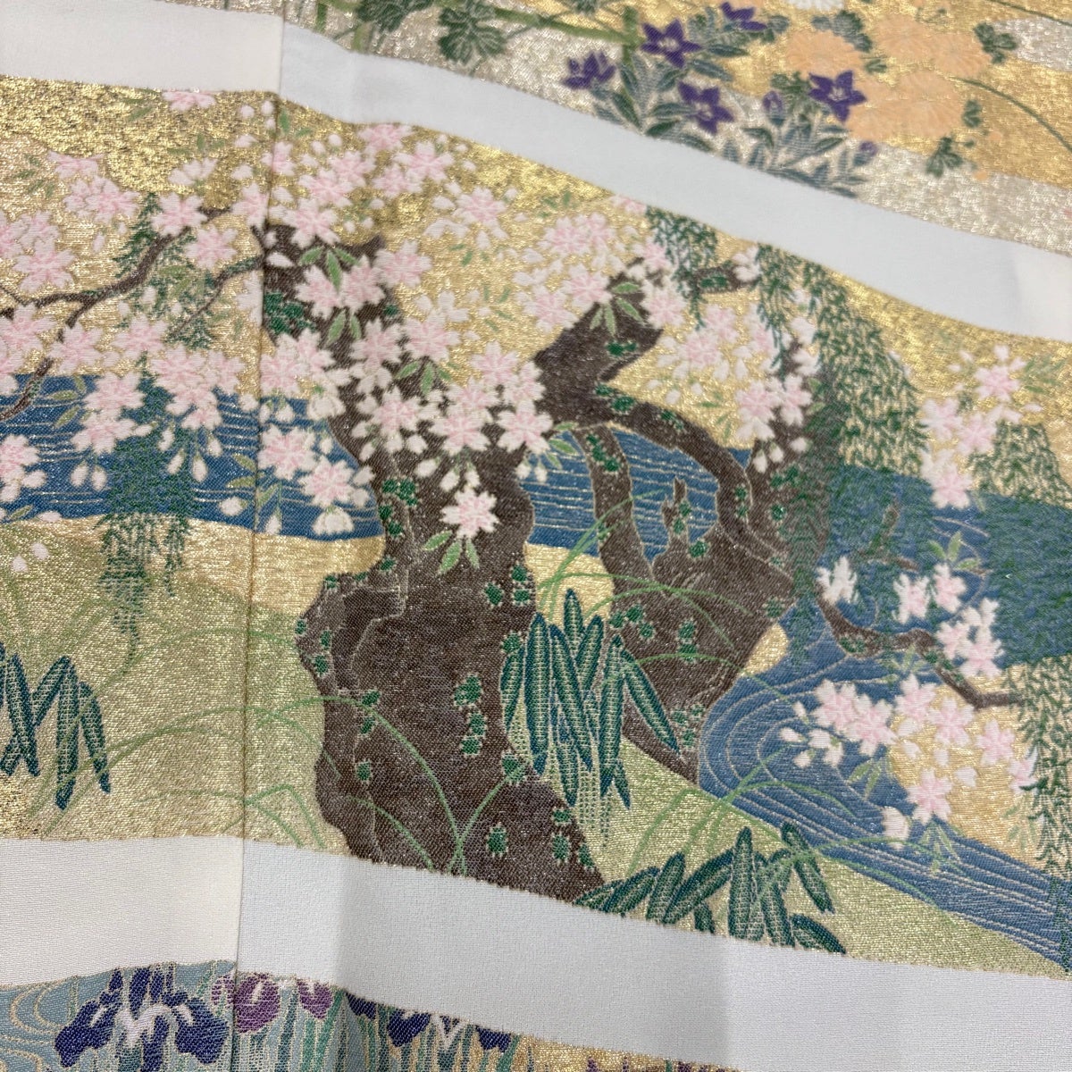 色留袖 身丈162.5cm 裄丈63.5cm S 袷 桜 菖蒲 金銀糸 ぼかし 青灰色