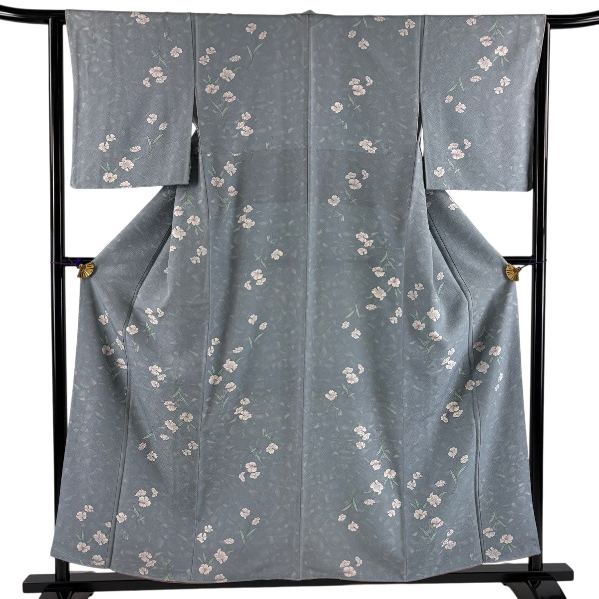小紋 身丈156.5cm 裄丈64cm M 袷 草花 幾何学模様 青灰色 正絹 秀品