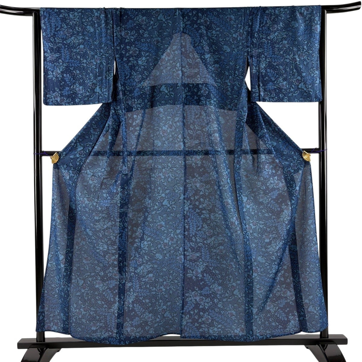 美品】 小紋 身丈160cm 裄丈65.5cm M 単衣 唐草 草花 縮緬 藍色 正絹