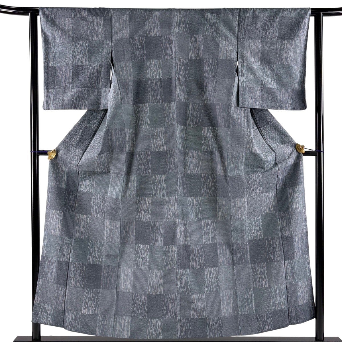 美品】 小紋 身丈154cm 裄丈62cm S 単衣 市松 幾何学 灰色 正絹 秀品