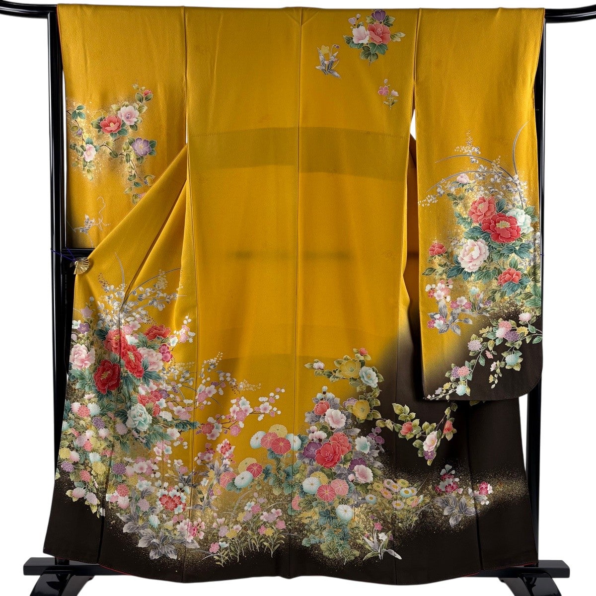 振袖 身丈160.5cm 裄丈65.5cm M 袷 牡丹 枝梅 金糸 金彩 山吹色 正絹