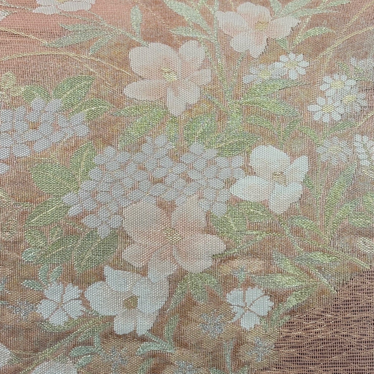 袋帯 秀品 夏帯 絽 草花 そよ風さそう 金銀糸 箔 ピンクベージュ 六通