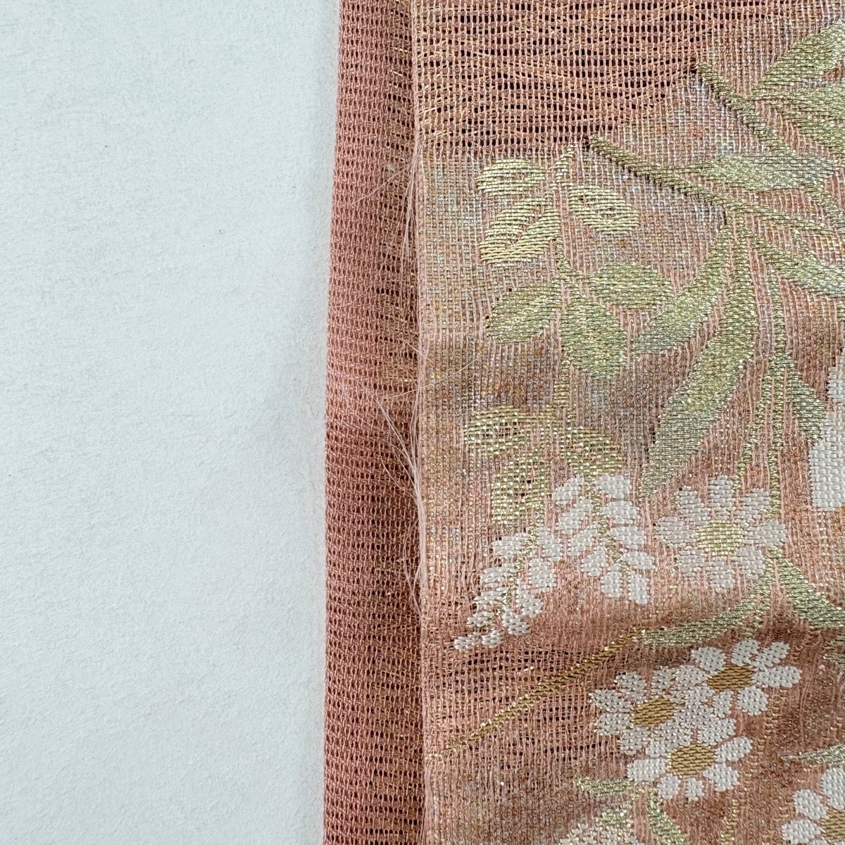 袋帯 秀品 夏帯 絽 草花 そよ風さそう 金銀糸 箔 ピンクベージュ 六通
