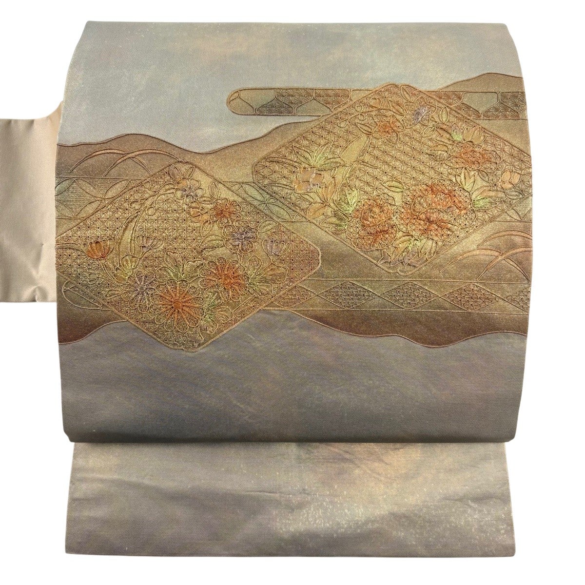 美品】 名古屋帯 秀品 草花 螺鈿 金彩 ベージュ 正絹｜中古・古着