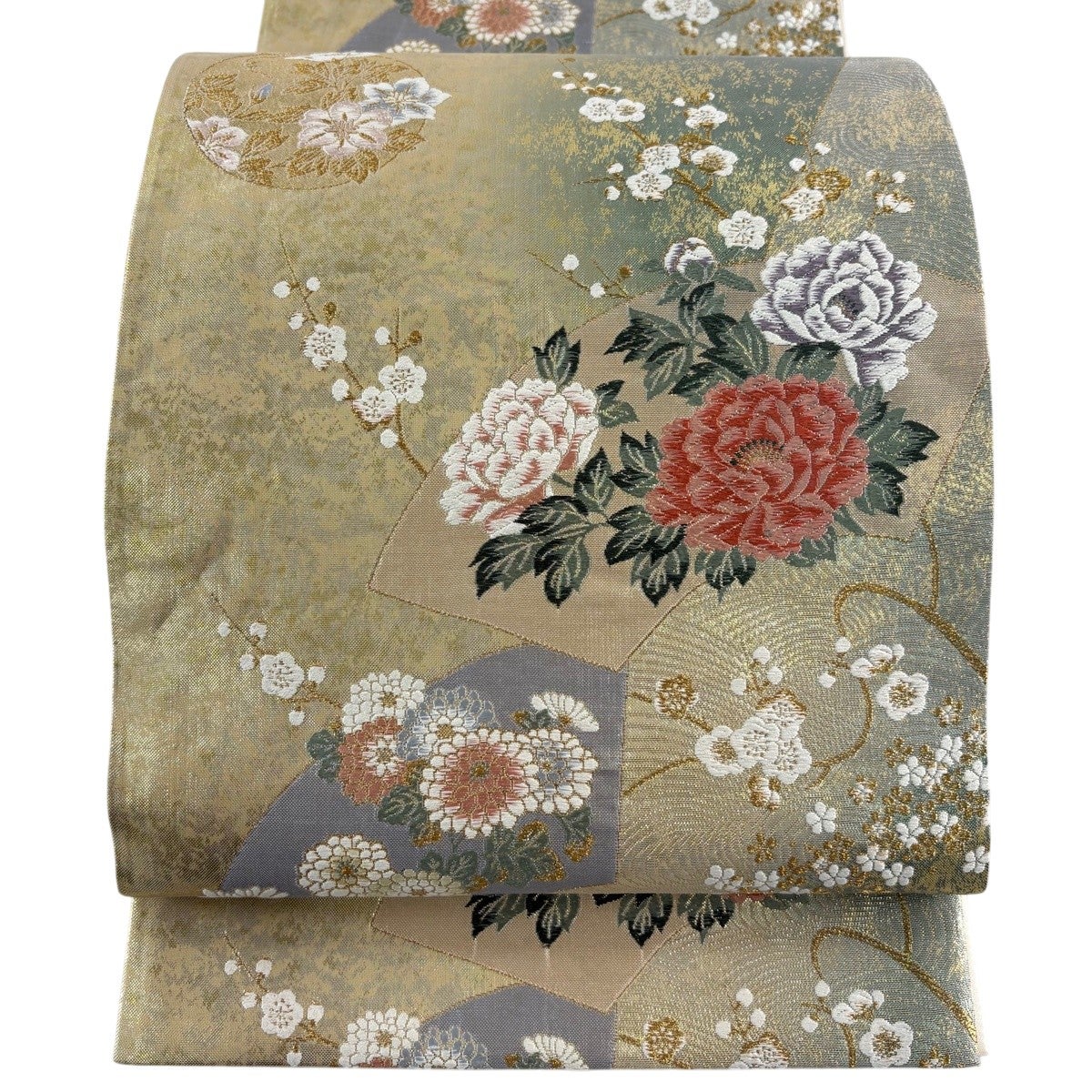 名古屋帯　唐花　華紋　くすみカラー　扇　金糸　着物　075a d 名古屋帯 唐花 華紋 くすみカラー 扇 金糸 着物 075a d 【公式通販】