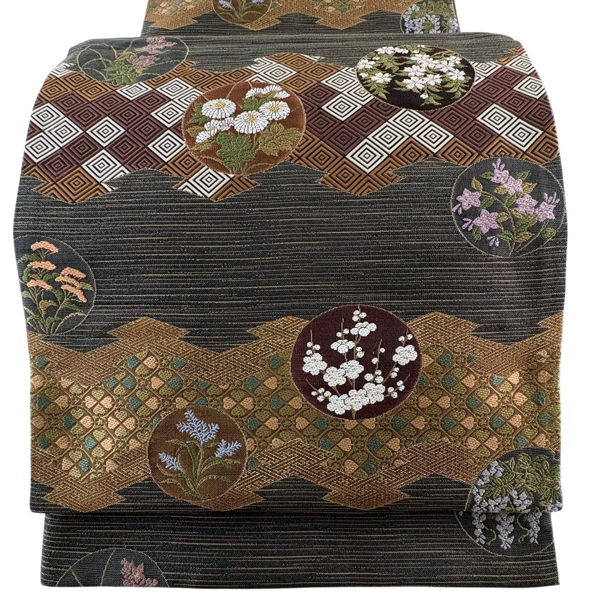 美品】 袋帯 秀品 夏帯 紗 花丸文 秋草 金糸 箔 灰茶 六通 正絹｜中古