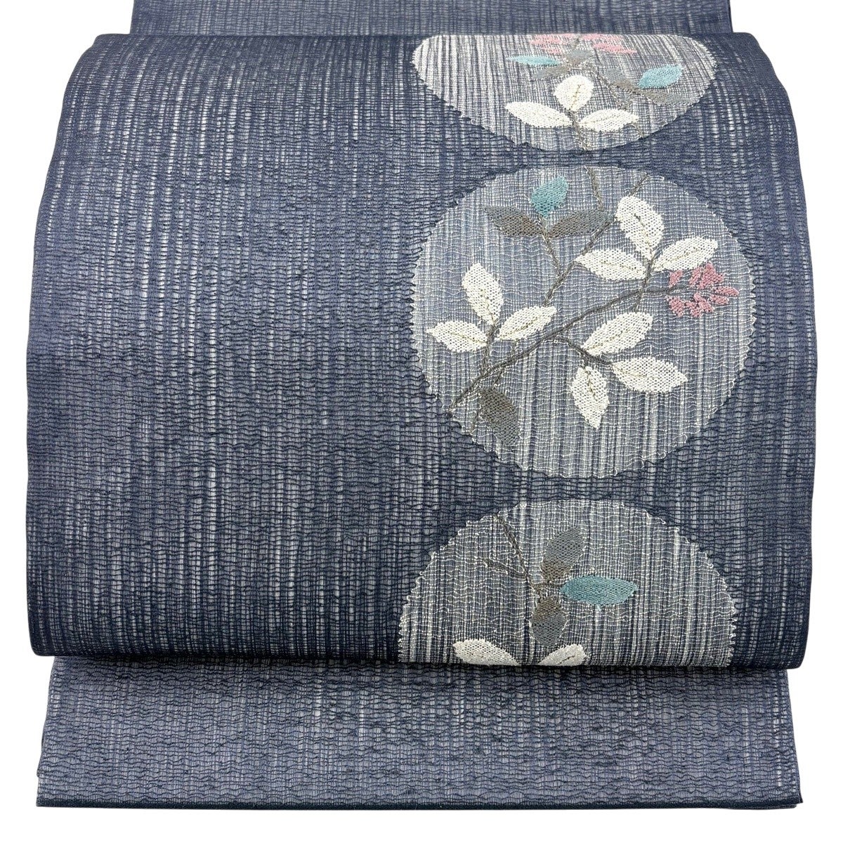 美品】 袋帯 秀品 夏帯 丸文 草花 金糸 紺色 お太鼓柄 正絹｜中古