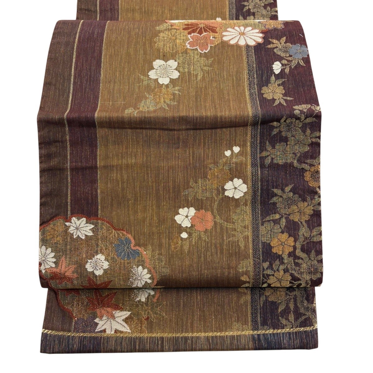 名古屋帯 秀品 関西仕立て 桜 萩 刺繍 金糸 薄茶色 正絹｜中古・古着