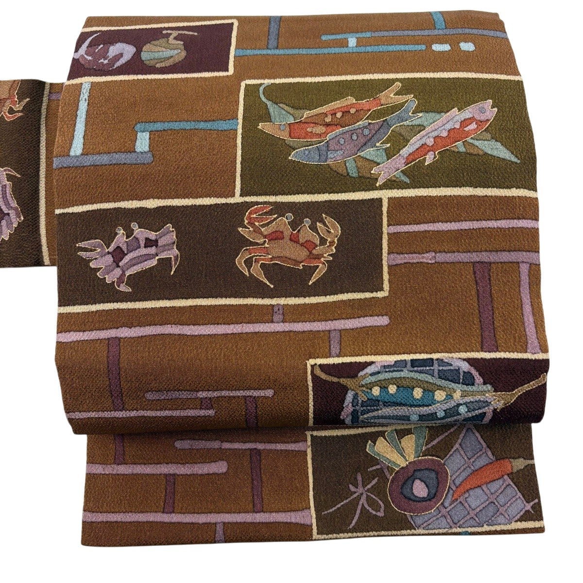 30%OFF 名古屋帯 秀品 魚 生り物 金彩 縮緬 茶色 正絹 K30｜中古・古着