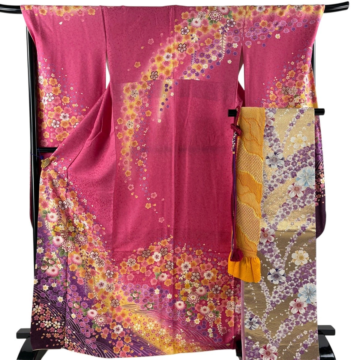 【美品】 振袖 身丈168.5cm 裄丈70cm 正絹 名品 【中古】 美品】 振袖 身丈168.5cm 裄丈70cm L 袷 袋帯フルセット 鼓 草花 金彩