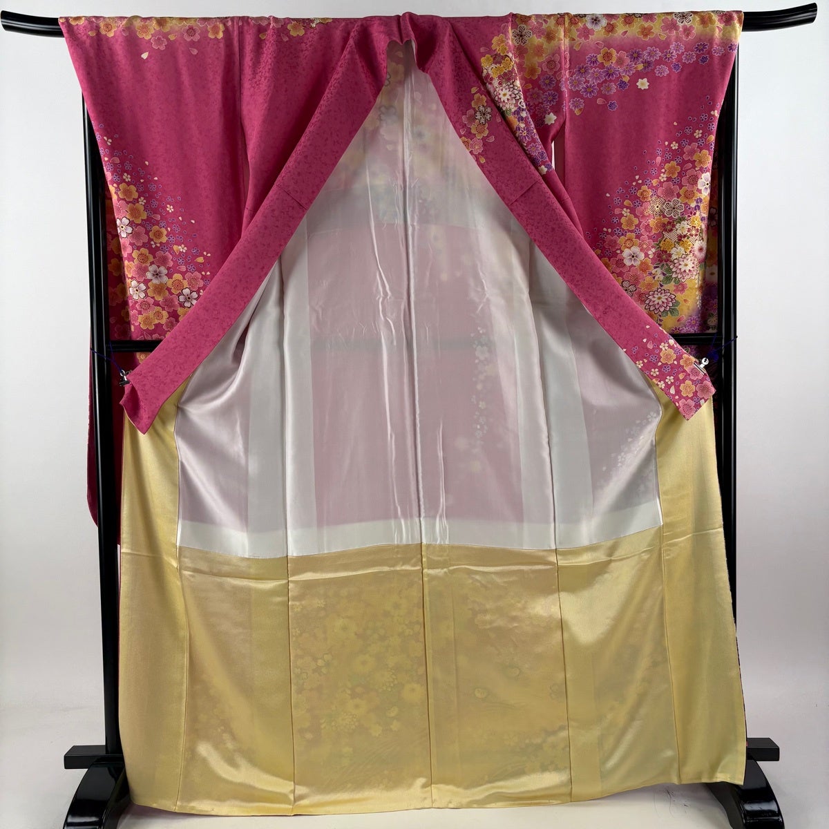 【美品】 振袖 身丈168.5cm 裄丈70cm 正絹 名品 【中古】 美品】 振袖 身丈168.5cm 裄丈70cm L 袷 袋帯フルセット 鼓 草花 金彩
