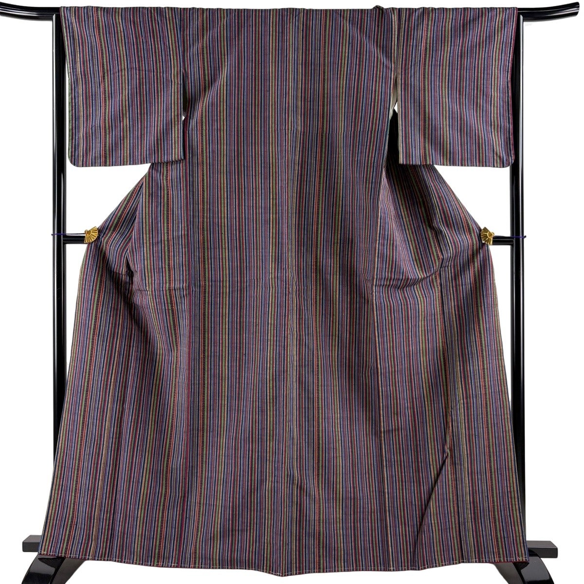 紬 身丈164cm 裄丈65cm M 袷 縦縞 紫 正絹 秀品｜中古・古着