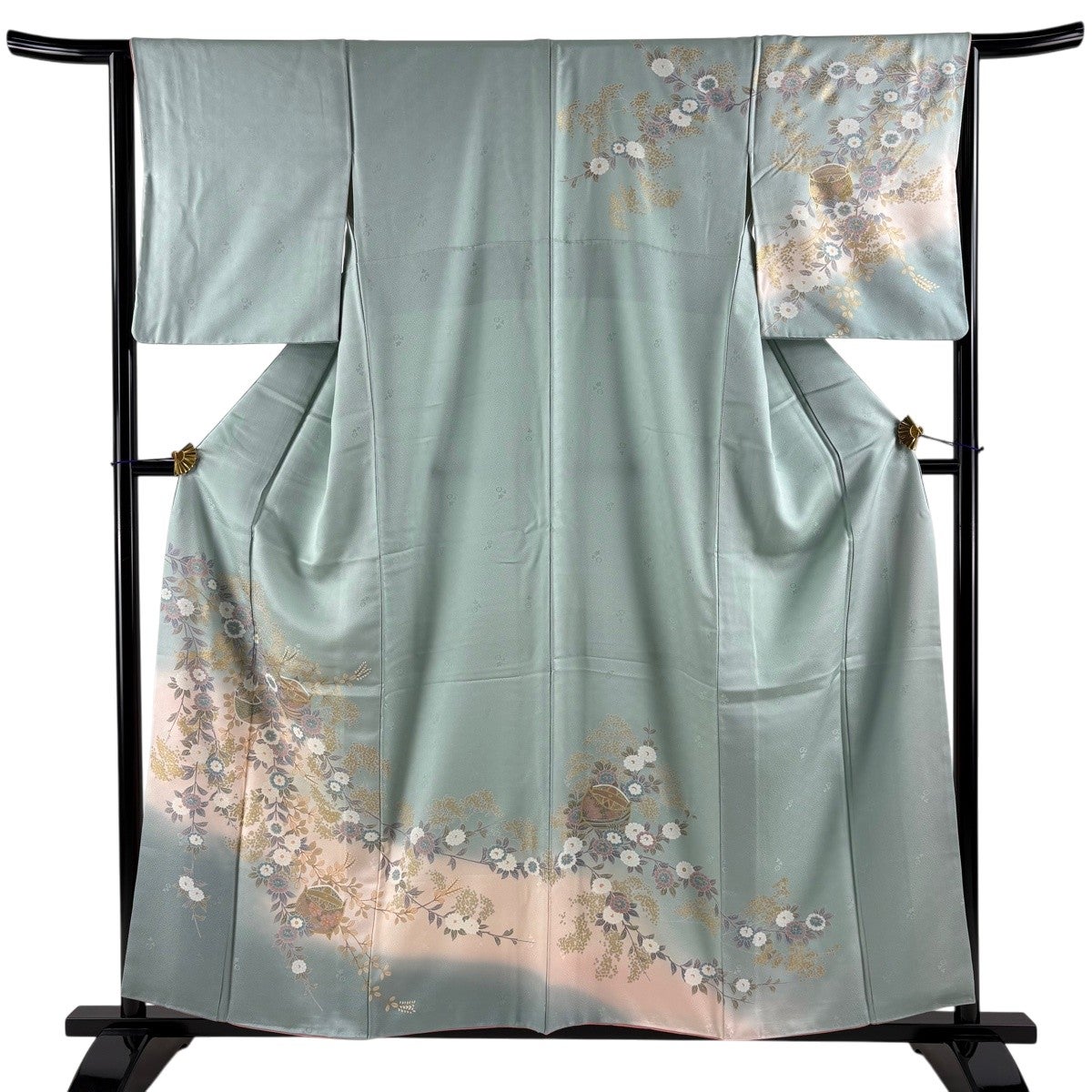美品】 訪問着 身丈158cm 裄丈64cm M 袷 糸巻き 桜 金彩 ぼかし 薄緑