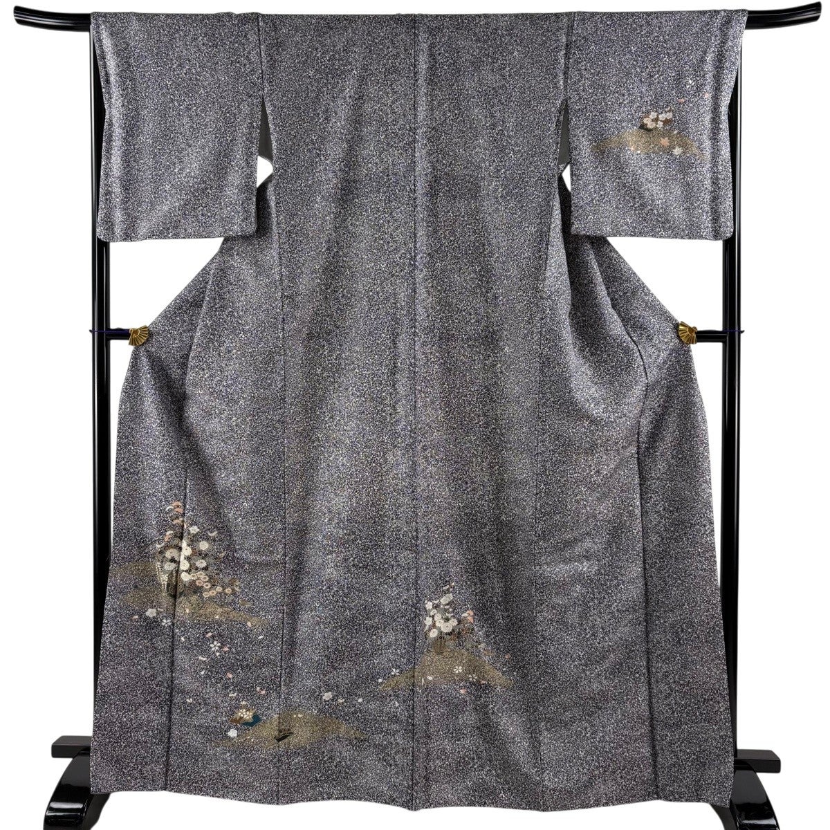 美品】 付下げ 身丈168cm 裄丈67cm M 袷 花車 霞 金彩 銀通し 黒灰