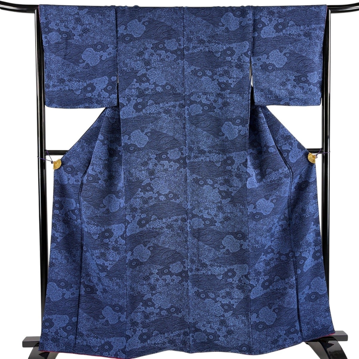 50%OFF 小紋 身丈159.5cm 裄丈64cm M 袷 蝶 草花 藍色 正絹 優品 K50 