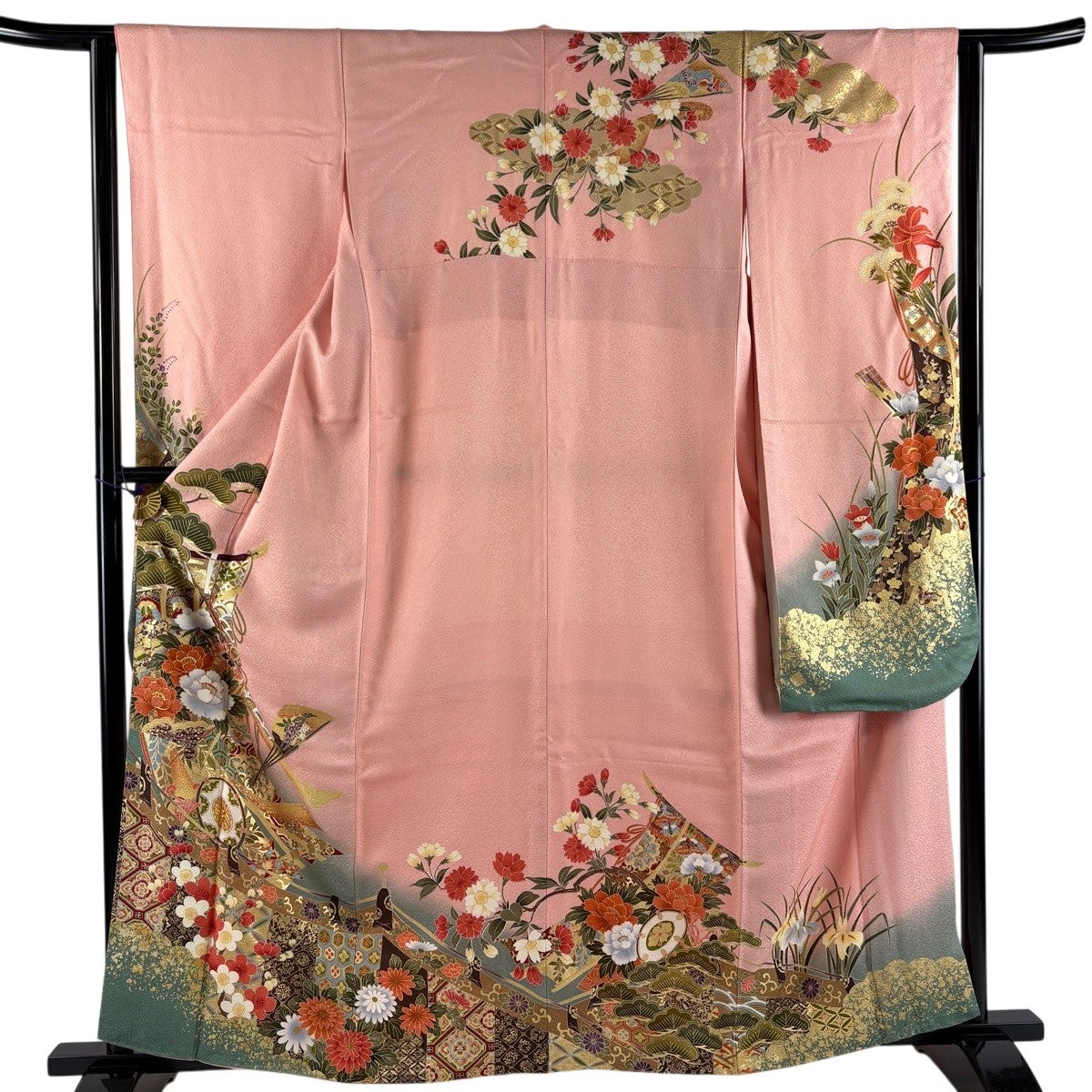 振袖 身丈160cm 裄丈62.5cm S 袷 几帳 草花 金糸 金彩 ピンク 正絹 秀