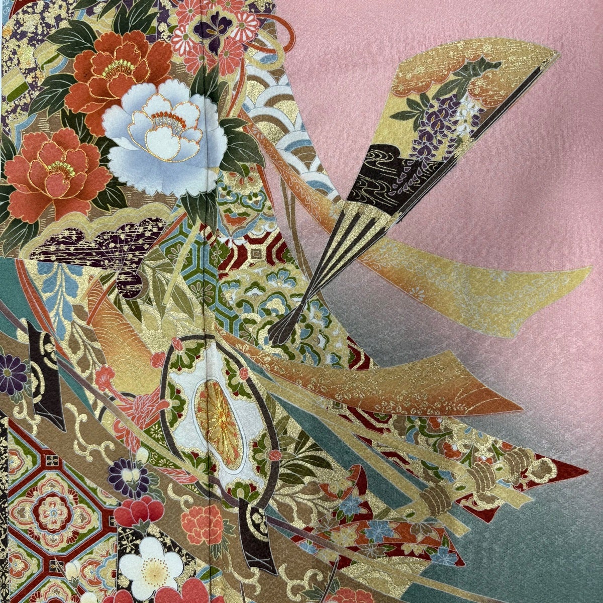 振袖 身丈160cm 裄丈62.5cm S 袷 几帳 草花 金糸 金彩 ピンク 正絹 秀