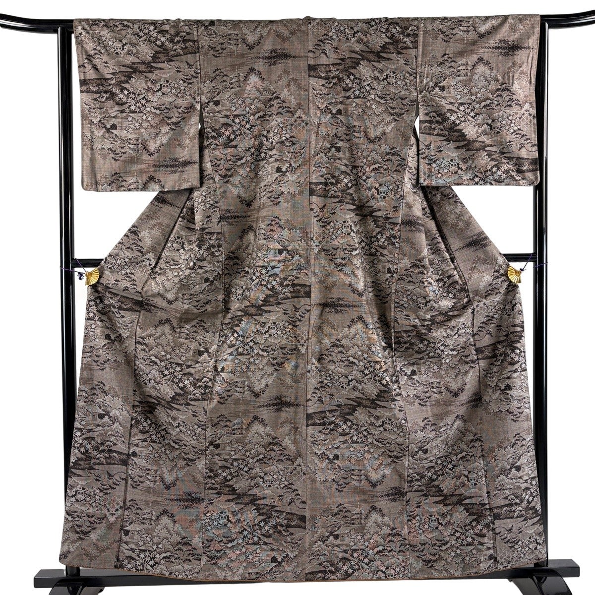 美品】 紬 身丈159cm 裄丈63.5cm S 袷 風景 樹木 焦茶色 正絹 秀品