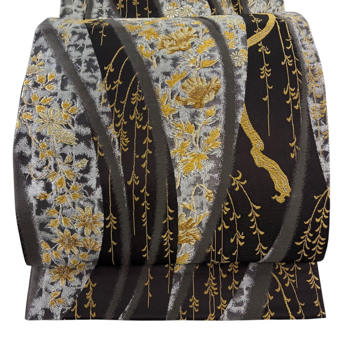 美品】 袋帯 秀品 草花 金銀糸 箔 焦茶色 六通 正絹｜中古・古着