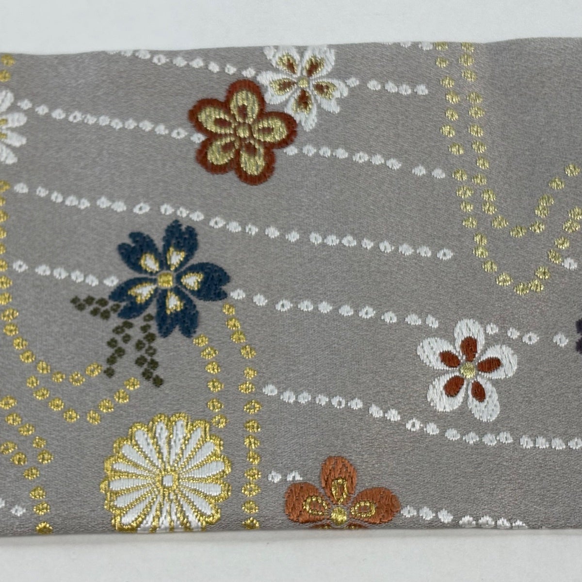 美品】 名古屋帯 秀品 菊 流水 金糸 灰色 正絹｜中古・古着