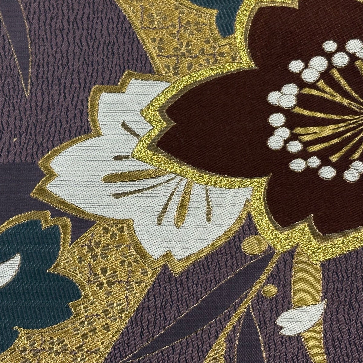 美品】 袋帯 秀品 やまと 桜 花びら 金銀糸 箔 紫 六通 正絹｜中古