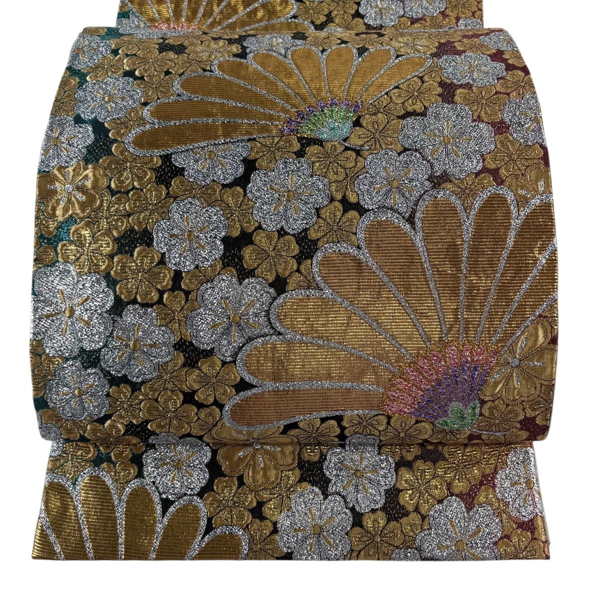 袋帯 秀品 桜 花 箔 金糸 黒灰 六通 正絹｜中古・古着・リサイクル着物