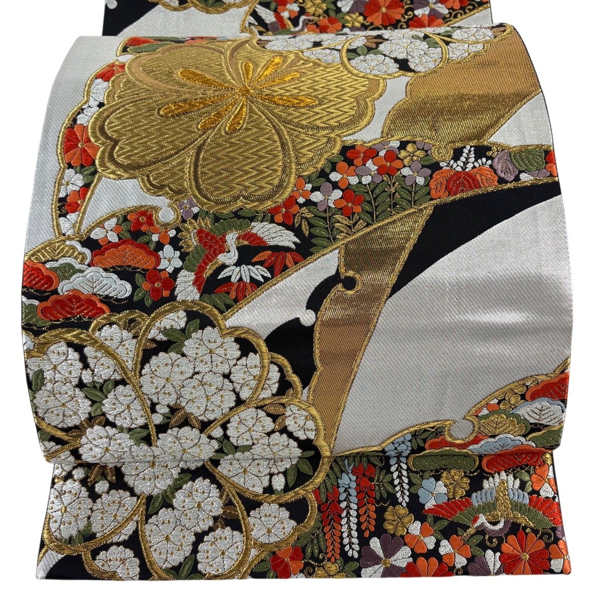 袋帯 秀品 桜 鶴 金糸 箔 銀色 六通 正絹｜中古・古着・リサイクル着物