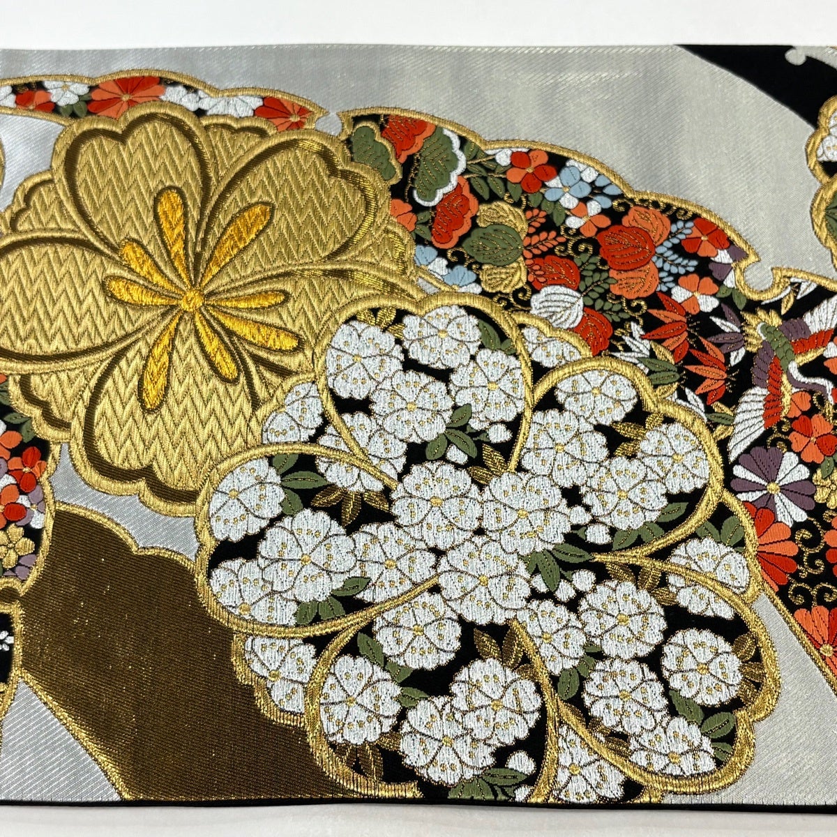 袋帯 名品 市松 草花 唐織 箔 青灰色 六通 正絹 【中古】 女性和服