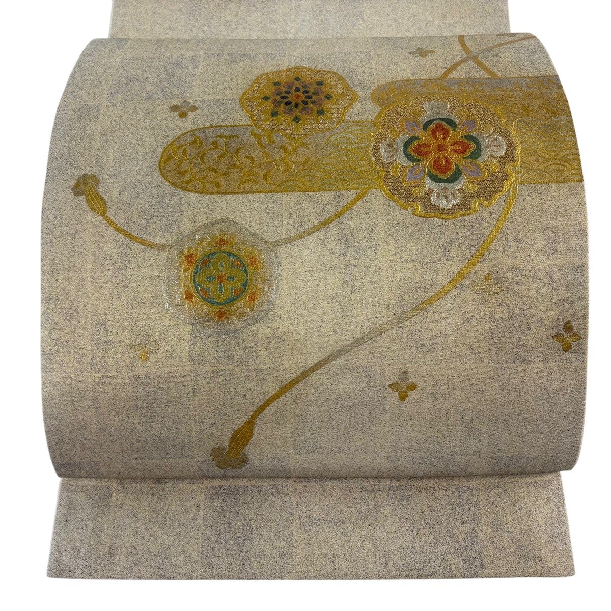 美品】 袋帯 秀品 華文 組紐 金糸 金銀彩 ベージュ お太鼓柄 正絹
