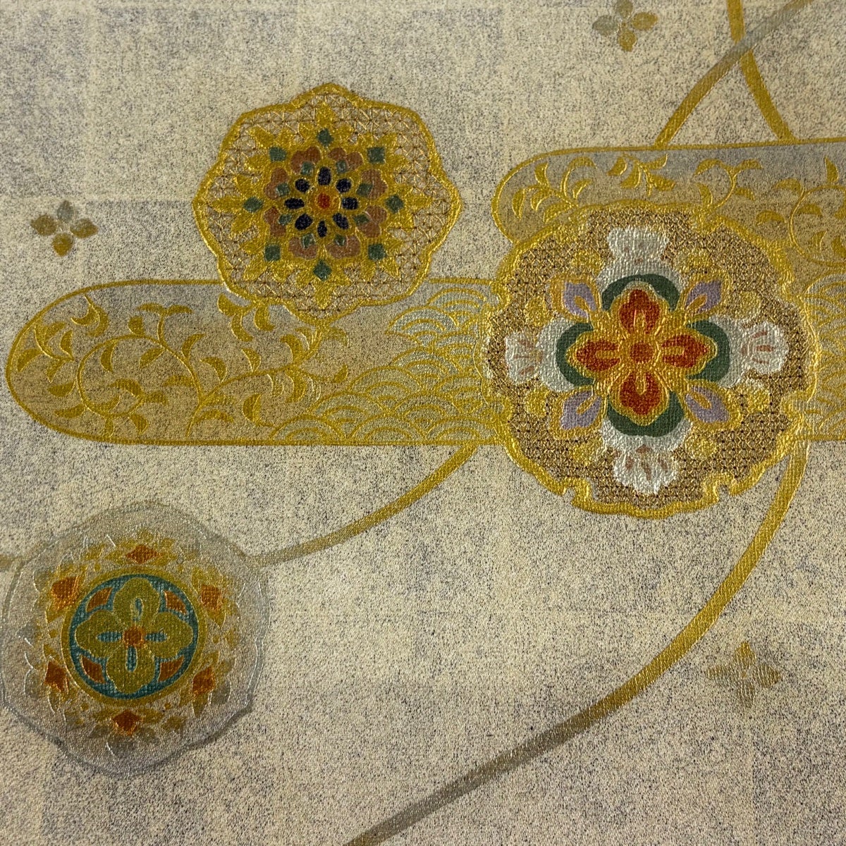 美品】 袋帯 秀品 華文 組紐 金糸 金銀彩 ベージュ お太鼓柄 正絹