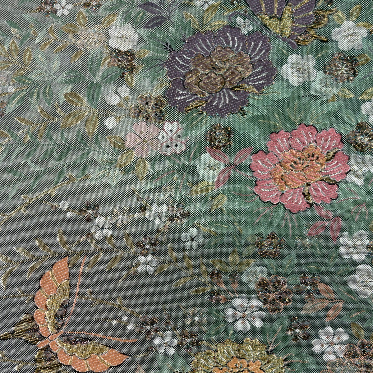 美品】 袋帯 秀品 草花 蝶 箔 金糸 深緑 六通 正絹｜中古・古着