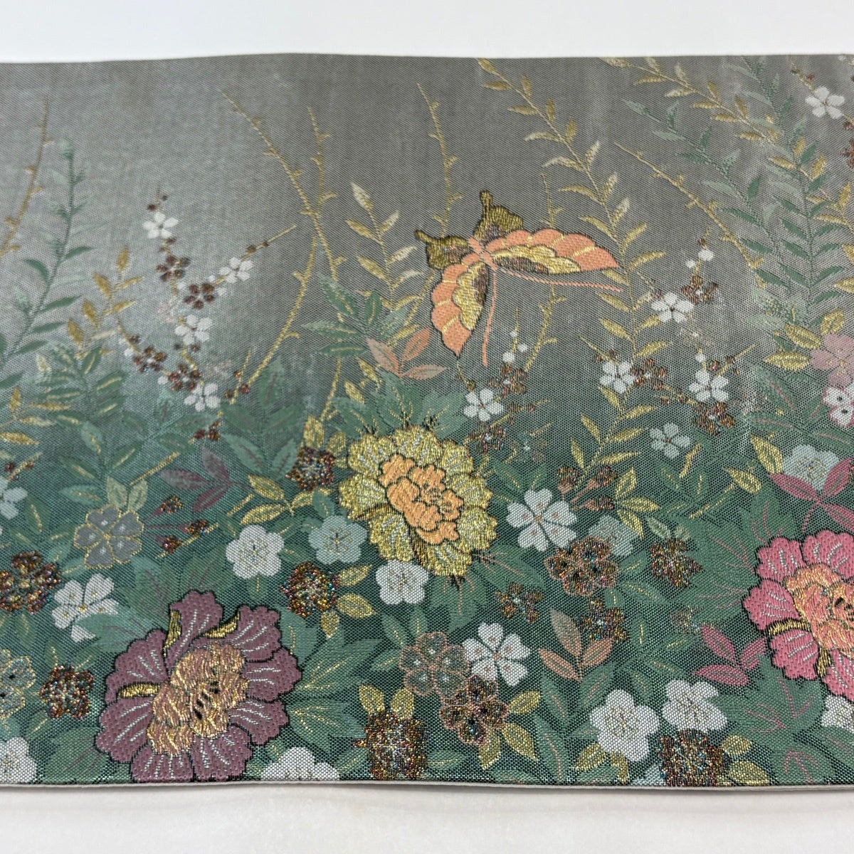 美品】 袋帯 秀品 草花 蝶 箔 金糸 深緑 六通 正絹｜中古・古着