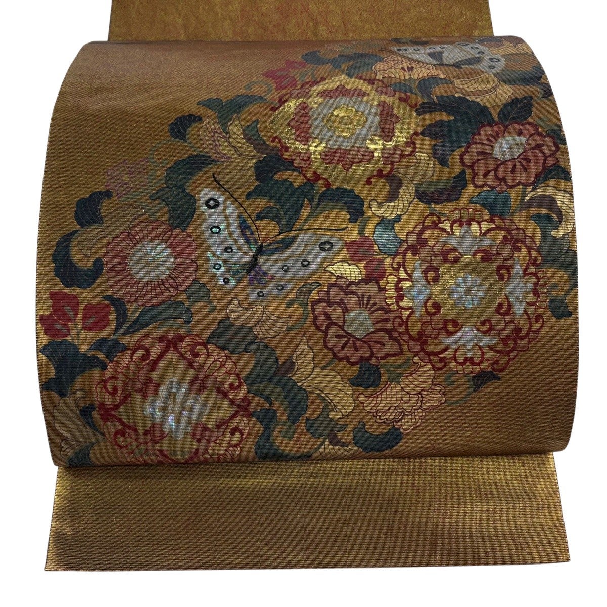 袋帯 秀品 落款あり 華文 蝶 箔 金色 お太鼓柄 正絹｜中古・古着