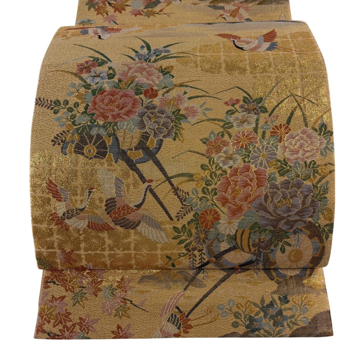 美品】 袋帯 名品 向かい鳥 華文 金糸 ベージュ 全通 正絹｜中古・古着