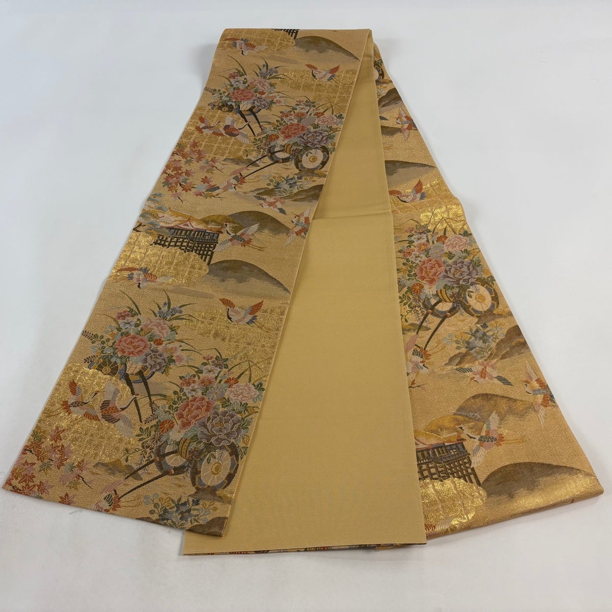 美品】 袋帯 秀品 証紙あり 名所物語絵図 金糸 箔 ベージュ 全通 正絹