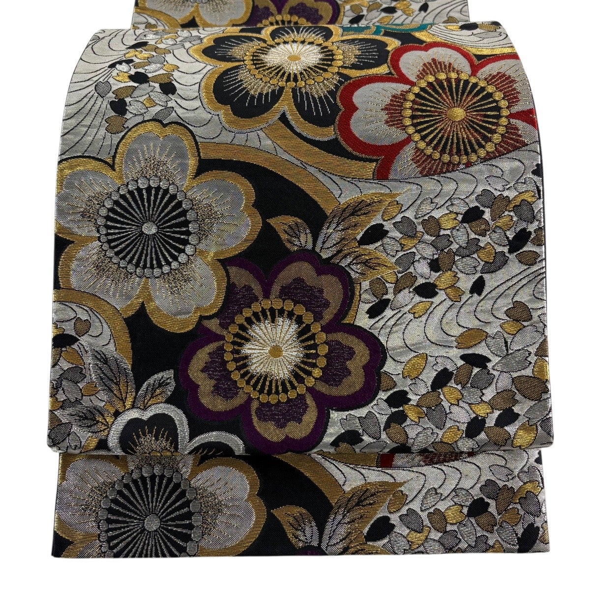 美品】 袋帯 秀品 桜 花びら 金銀糸 箔 黒 六通 正絹｜中古・古着