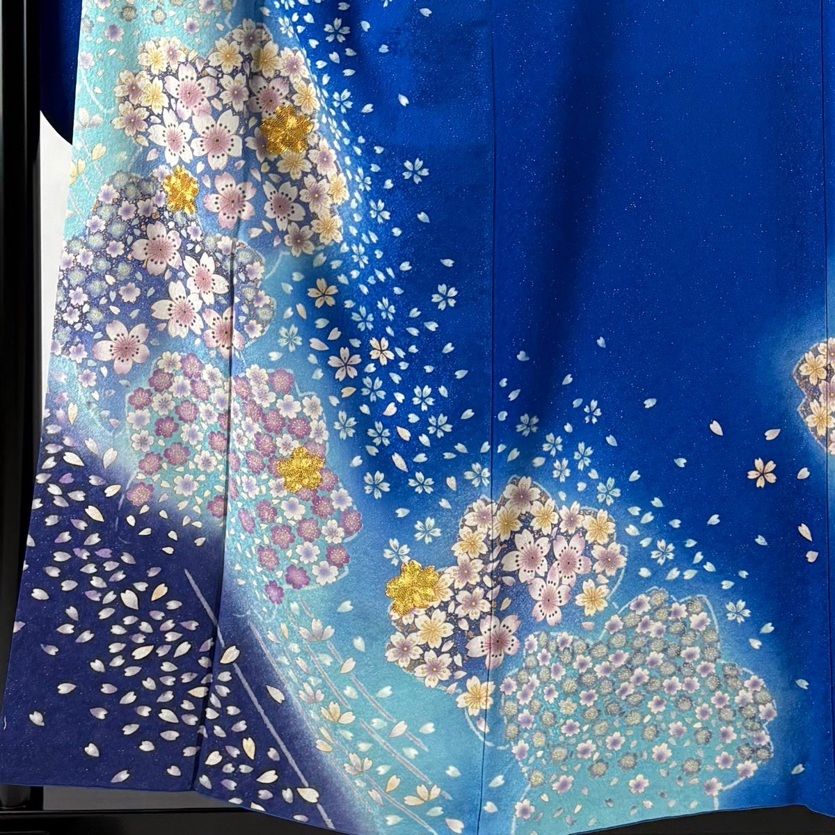 振袖 身丈156cm 裄丈66.5cm M 袷 桜 花びら 銀通し 金糸 青 正絹 名品